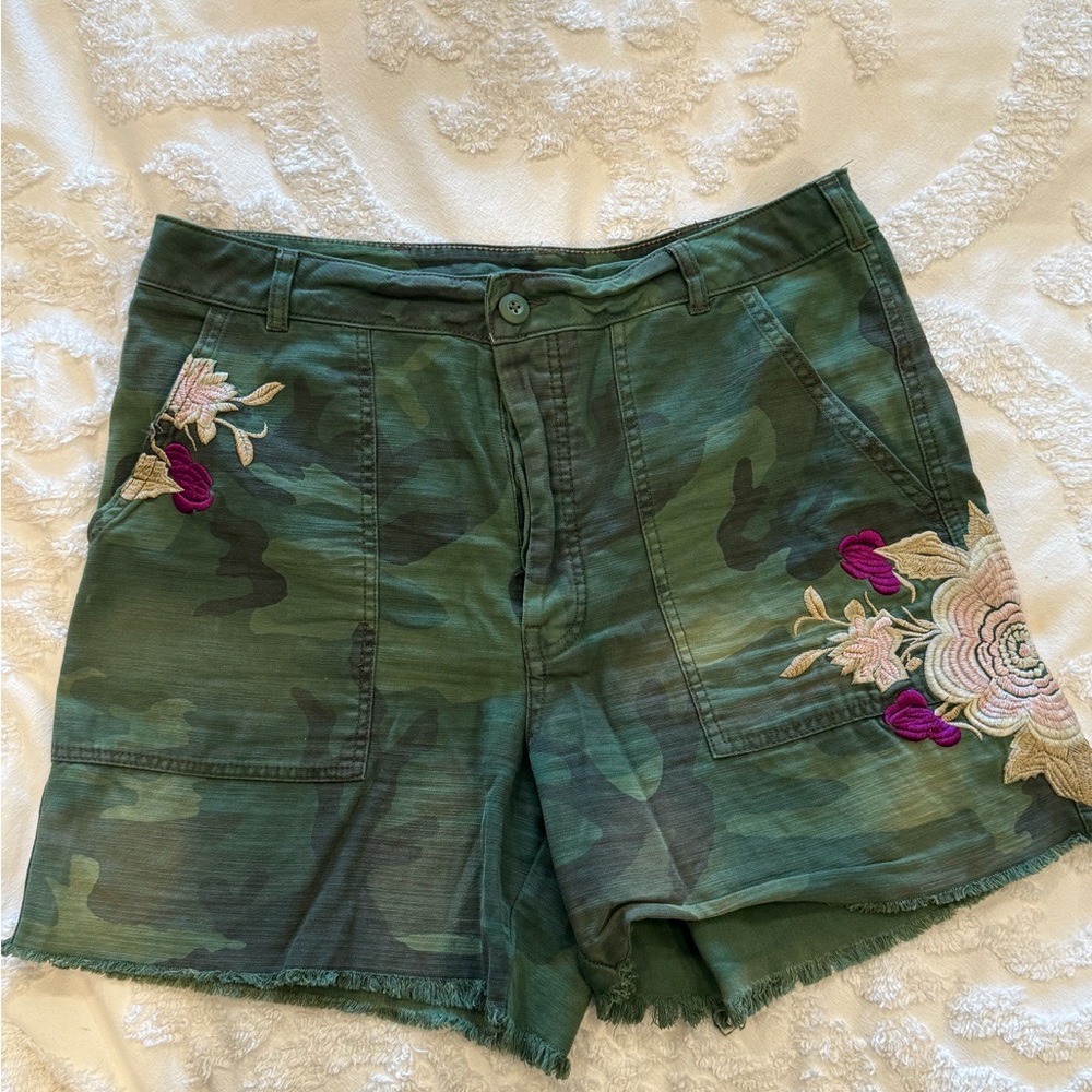 Free People Green Cargo Shorts with Distressed Camo Look
